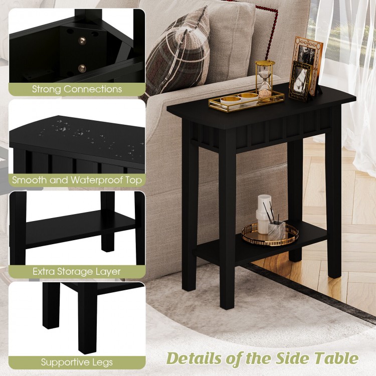 Narrow black wood end table with waterproof top, extra storage shelf, and stable legs for small spaces.